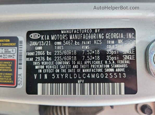 5XYRLDLC4MG025513 2021 KIA SORENTO Silver VIN კოდის სტიკერის ხედი