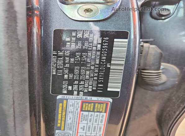 5XYRLDLC4MG059676 2021 KIA SORENTO Gray VIN կոդի պիտակի տեսք