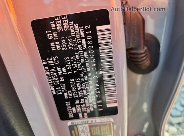 5XYRLDLC4NG098012 2022 KIA SORENTO Gray Widok naklejki z numerem VIN