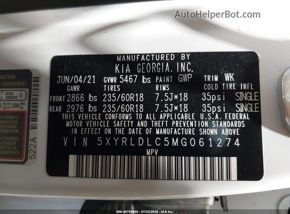 5XYRLDLC5MG061274 2021 KIA SORENTO White ძრავის განყოფილების ხედი