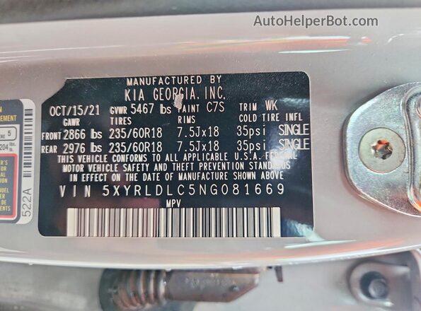5XYRLDLC5NG081669 2022 KIA SORENTO Gray VIN კოდის სტიკერის ხედი
