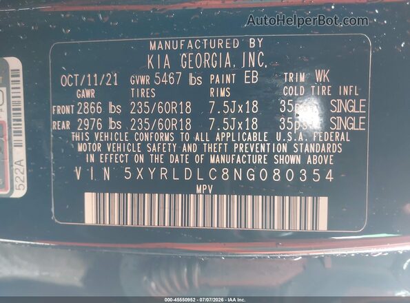 5XYRLDLC8NG080354 2022 KIA SORENTO Черный Вид подкапотного пространства