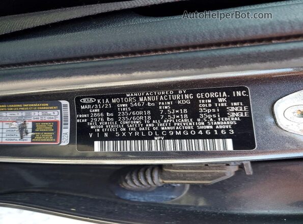 5XYRLDLC9MG046163 2021 KIA SORENTO Charcoal Vista interior de 360 grados