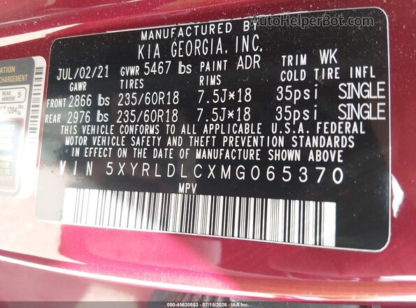 5XYRLDLCXMG065370 2021 KIA SORENTO Red Engine compartment view