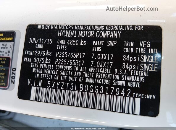 5XYZT3LB0GG317942 2016 HYUNDAI SANTA FE SPORT White ძრავის განყოფილების ხედი