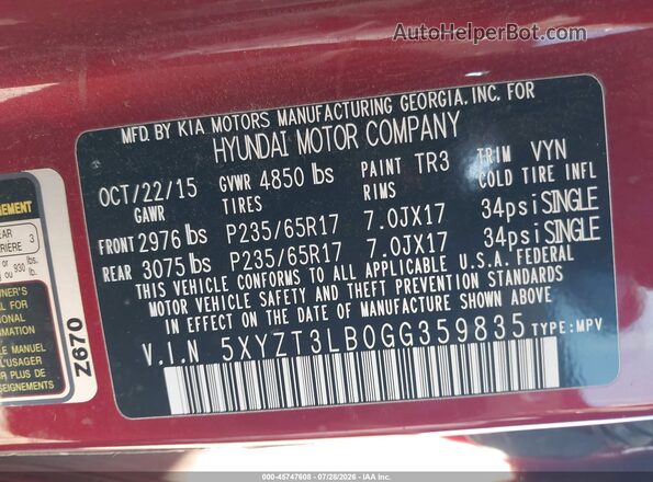 5XYZT3LB0GG359835 2016 HYUNDAI SANTA FE SPORT Maroon ძრავის განყოფილების ხედი