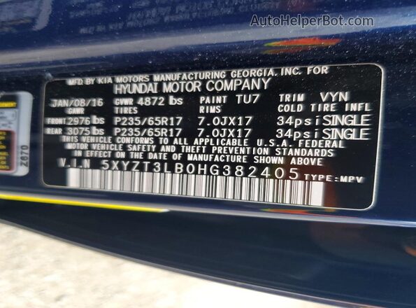 5XYZT3LB0HG382405 2017 HYUNDAI SANTA Blue Vista del compartimento del motor