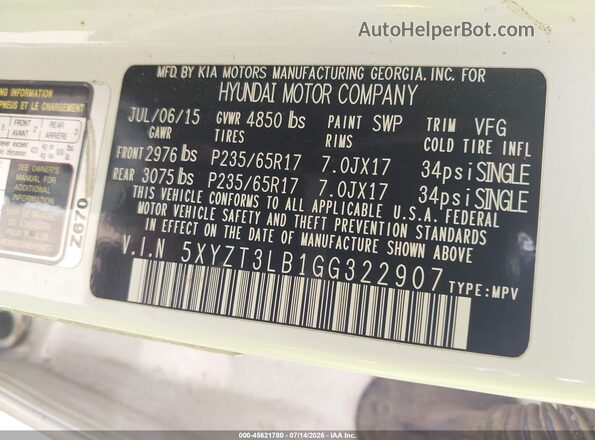 5XYZT3LB1GG322907 2016 HYUNDAI SANTA FE SPORT White Vista del compartimento del motor