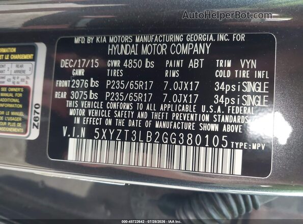 5XYZT3LB2GG380105 2016 HYUNDAI SANTA FE SPORT Gray ძრავის განყოფილების ხედი