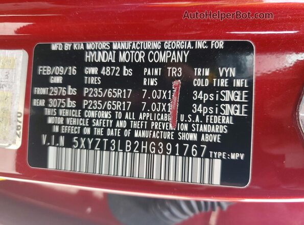 5XYZT3LB2HG391767 2017 HYUNDAI SANTA Red Vista de la etiqueta del VIN
