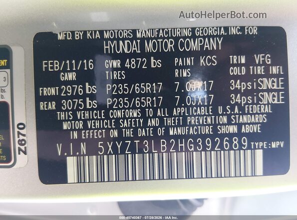 5XYZT3LB2HG392689 2017 HYUNDAI SANTA FE SPORT Silver Widok komory silnika