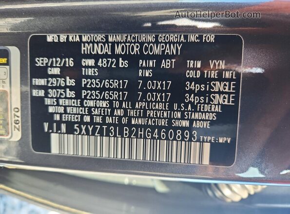 5XYZT3LB2HG460893 2017 HYUNDAI SANTA Gray Вид наклейки з VIN-кодом