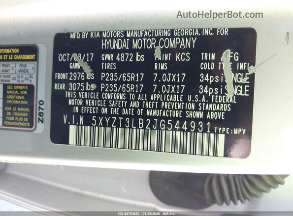 5XYZT3LB2JG544931 2018 HYUNDAI SANTA FE SPORT Gray Engine compartment view