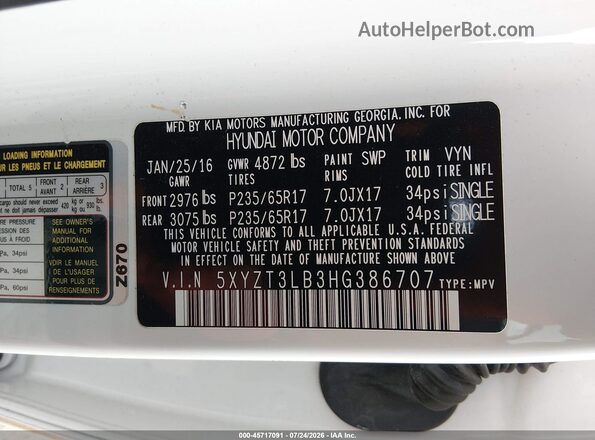 5XYZT3LB3HG386707 2017 HYUNDAI SANTA FE SPORT White ძრავის განყოფილების ხედი