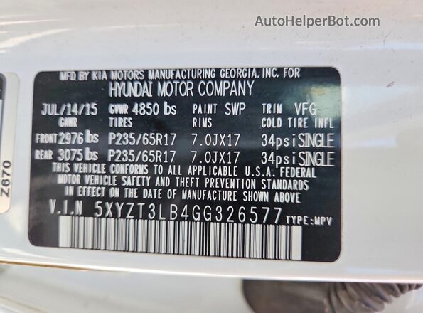 5XYZT3LB4GG326577 2016 HYUNDAI SANTA White Vista de la etiqueta del VIN