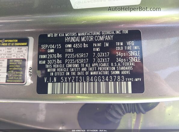 5XYZT3LB4GG343783 2016 HYUNDAI SANTA FE SPORT Gray Вид підкапотного простору