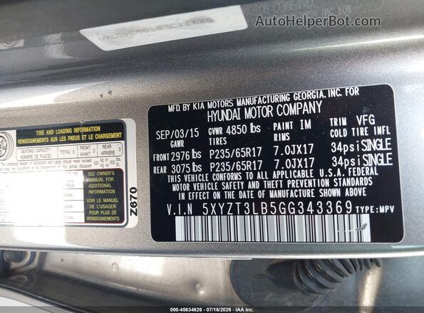 5XYZT3LB5GG343369 2016 HYUNDAI SANTA FE SPORT Gray Շարժիչի բաժամունքի տեսք