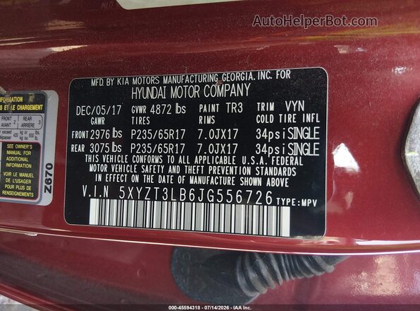 5XYZT3LB6JG556726 2018 HYUNDAI SANTA FE SPORT Red Vista del compartimento del motor