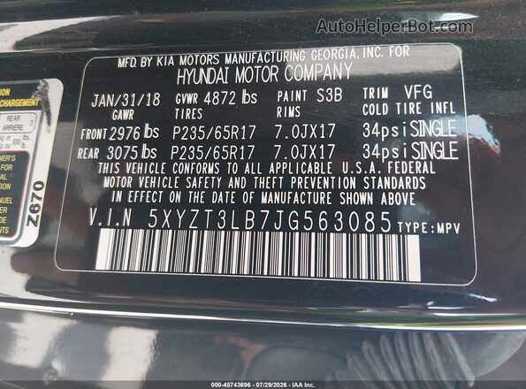 5XYZT3LB7JG563085 2018 HYUNDAI SANTA FE SPORT Black Engine compartment view