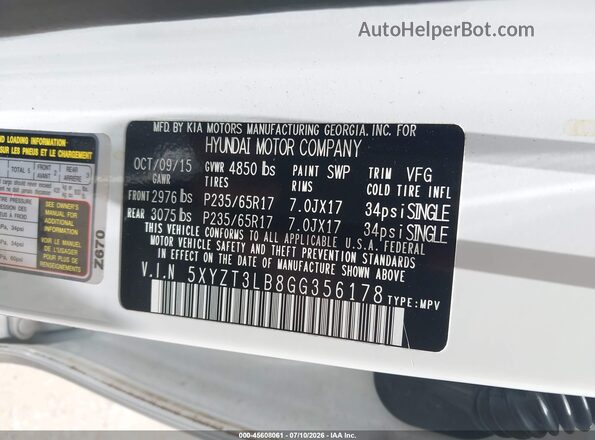 5XYZT3LB8GG356178 2016 HYUNDAI SANTA FE SPORT White Widok komory silnika