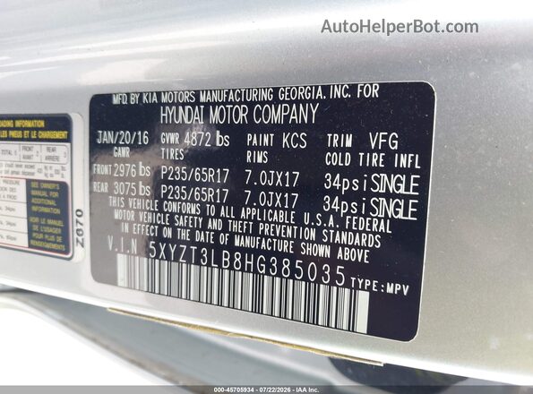 5XYZT3LB8HG385035 2017 HYUNDAI SANTA FE SPORT Silver Շարժիչի բաժամունքի տեսք