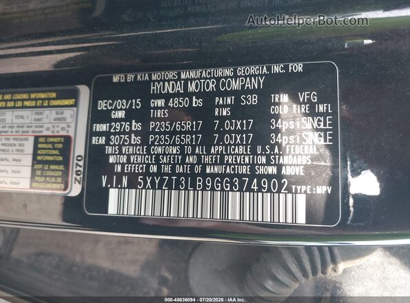 5XYZT3LB9GG374902 2016 HYUNDAI SANTA FE SPORT Black ძრავის განყოფილების ხედი
