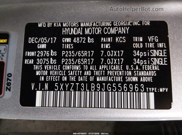 5XYZT3LB9JG556963 2018 HYUNDAI SANTA FE SPORT Silver ძრავის განყოფილების ხედი