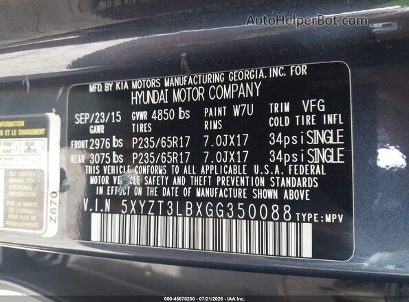 5XYZT3LBXGG350088 2016 HYUNDAI SANTA FE SPORT Dark Blue Widok komory silnika