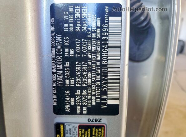 5XYZTDLB0HG413996 2017 HYUNDAI SANTA Серебряный Вид наклейки с VIN-кодом