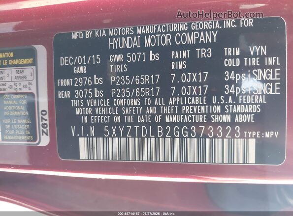 5XYZTDLB2GG373323 2016 HYUNDAI SANTA FE SPORT Red Widok komory silnika