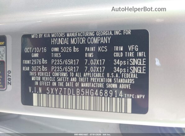 5XYZTDLB5HG468914 2017 HYUNDAI SANTA FE SPORT Silver Widok komory silnika
