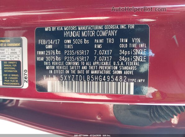 5XYZTDLB5HG495482 2017 HYUNDAI SANTA FE SPORT Red Vista del compartimento del motor