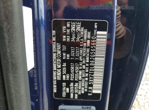 5XYZTDLB6JG565660 2018 HYUNDAI SANTA Blue VIN sticker view