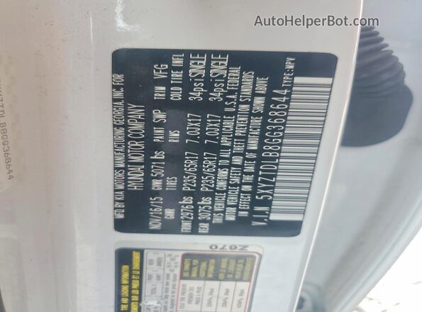 5XYZTDLB8GG368644 2016 HYUNDAI SANTA White VIN sticker view