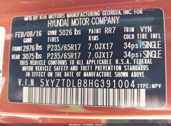 5XYZTDLB8HG391004 2017 HYUNDAI SANTA FE SPORT Orange ძრავის განყოფილების ხედი
