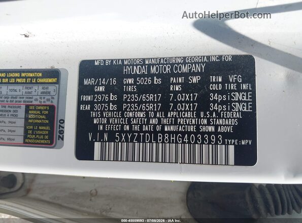 5XYZTDLB8HG403393 2017 HYUNDAI SANTA FE SPORT Белый Вид подкапотного пространства