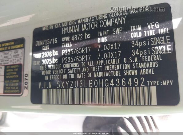 5XYZU3LB0HG436492 2017 HYUNDAI SANTA FE SPORT White Vista del compartimento del motor