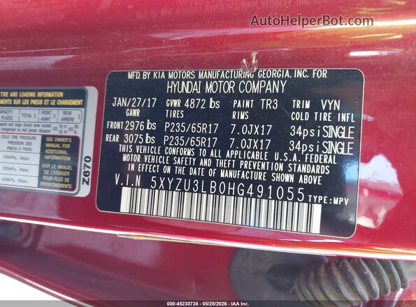 5XYZU3LB0HG491055 2017 HYUNDAI SANTA FE SPORT Red Vista del compartimento del motor