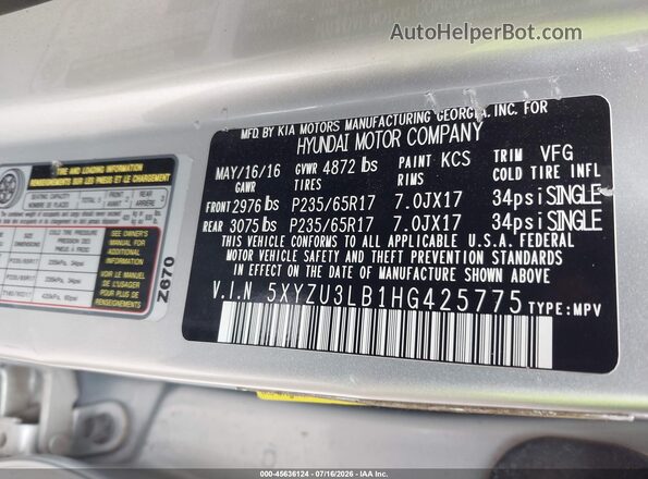 5XYZU3LB1HG425775 2017 HYUNDAI SANTA FE SPORT Серебряный Вид подкапотного пространства