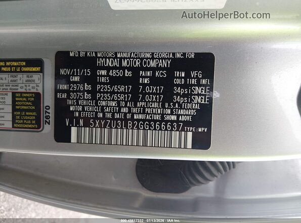 5XYZU3LB2GG366637 2016 HYUNDAI SANTA FE SPORT Silver Շարժիչի բաժամունքի տեսք