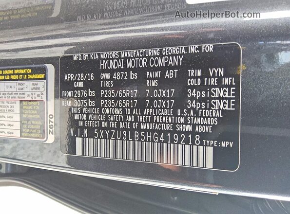 5XYZU3LB5HG419218 2017 HYUNDAI SANTA Silver VIN კოდის სტიკერის ხედი