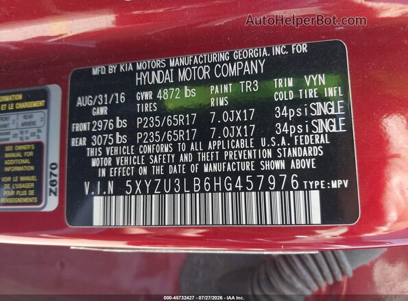5XYZU3LB6HG457976 2017 HYUNDAI SANTA FE SPORT Red Widok komory silnika