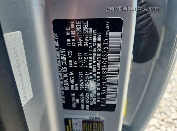 5XYZU3LB8HG437535 2017 HYUNDAI SANTA Silver VIN sticker view
