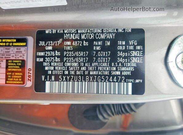 5XYZU3LBXJG524472 2018 HYUNDAI SANTA Серый Вид наклейки с VIN-кодом