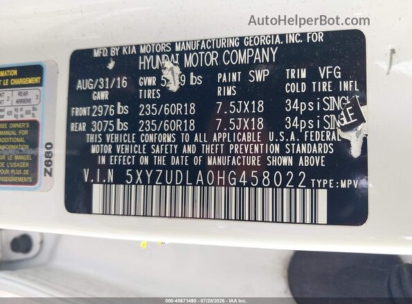 5XYZUDLA0HG458022 2017 HYUNDAI SANTA FE SPORT White Vista del compartimento del motor