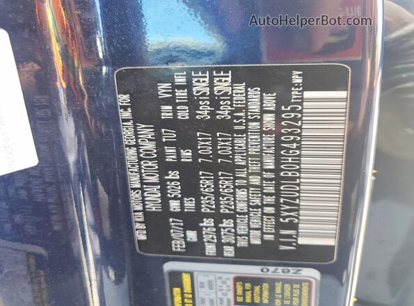 5XYZUDLB0HG493295 2017 HYUNDAI SANTA Blue VIN კოდის სტიკერის ხედი
