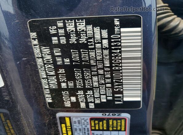 5XYZUDLB2GG341310 2016 HYUNDAI SANTA Blue Vista de la etiqueta del VIN