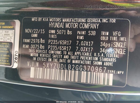5XYZUDLB2GG370967 2016 HYUNDAI SANTA FE SPORT Black Widok komory silnika