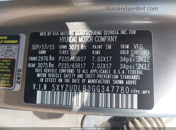 5XYZUDLB3GG347780 2016 HYUNDAI SANTA FE SPORT Gray Շարժիչի բաժամունքի տեսք