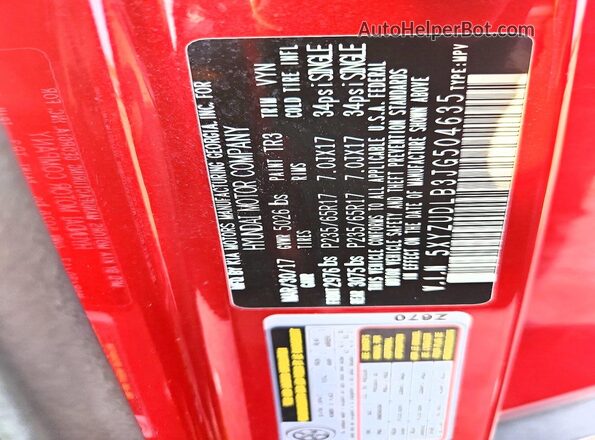 5XYZUDLB3JG504635 2018 HYUNDAI SANTA Red VIN կոդի պիտակի տեսք